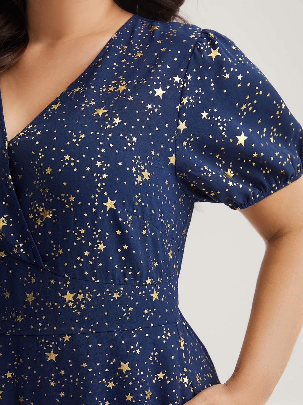 BloomChic Navy and Gold Star-Print High-Low Midi Dress - Picture 2 of 9